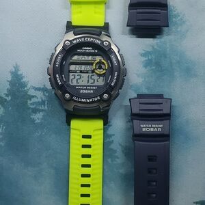 Casio Wave Ceptor WV-200R Digital Wristwatch, Illuminator, Yellow/Blue Bands NEW